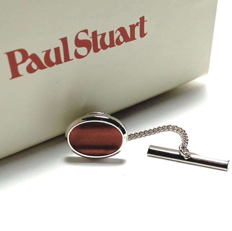 【pstp15】新品　Paul Stuart　ポールスチュアート　タイタック　シルバー×ブラウン　茶色　タイガーアイ　ショートチェーン
