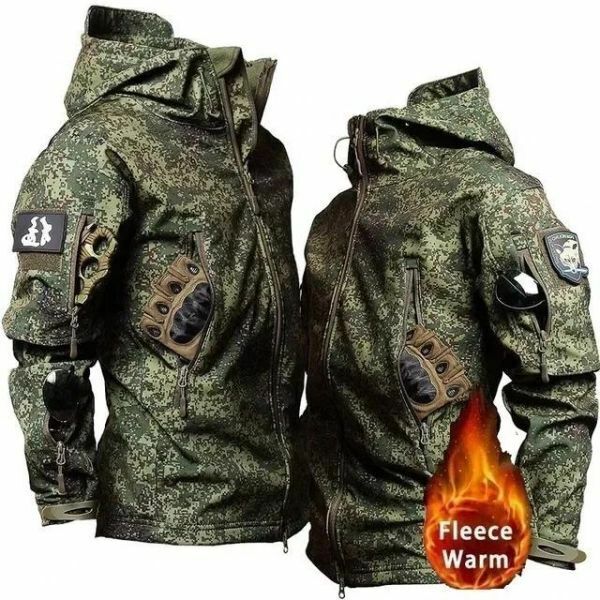 CC009:男性用 ロシア 迷彩フリースフード付きジャケット 複数のポケットジッパー 防水性と防風性 軍用戦術コート2XL 3XL