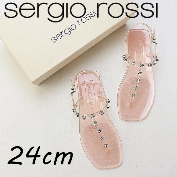美品◆sergio rossi セルジオロッシ SR JELLY ラバー ビジュー装飾 ストラップ クリア フラット サンダル ピンク 38