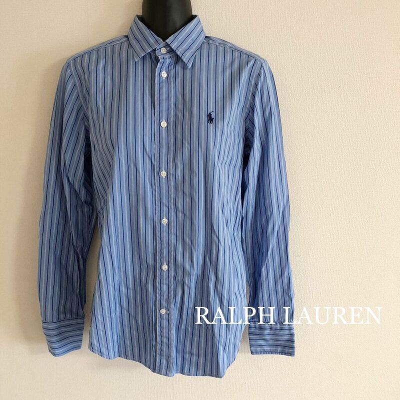 RALPH LAUREN＊SlimFit /ラルフローレン レディース6 165/92A 長袖シャツ ストライプシャツ トップス ブルー系 ポニー刺繍 綿100% 古着