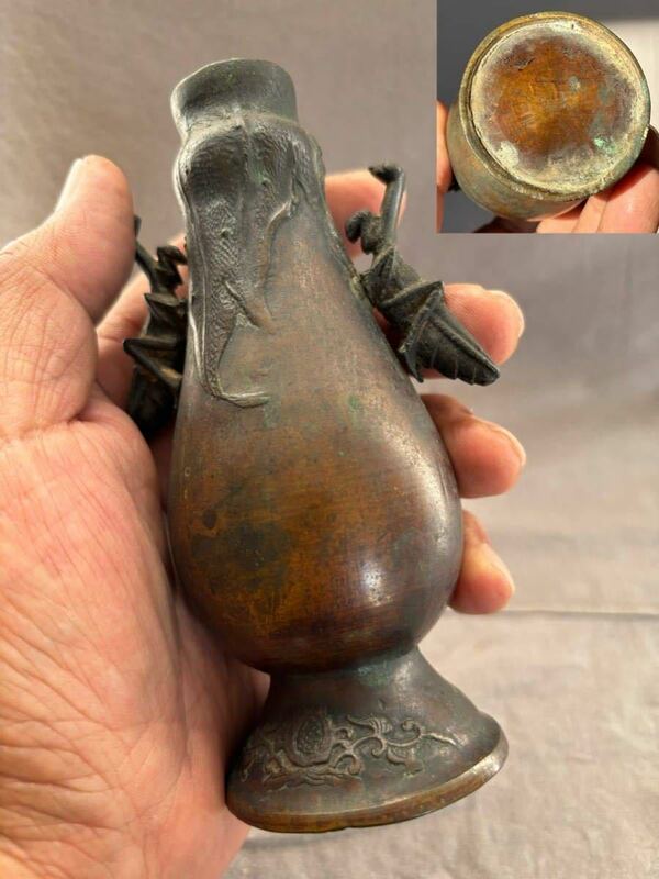 古銅 蟷螂双耳花瓶