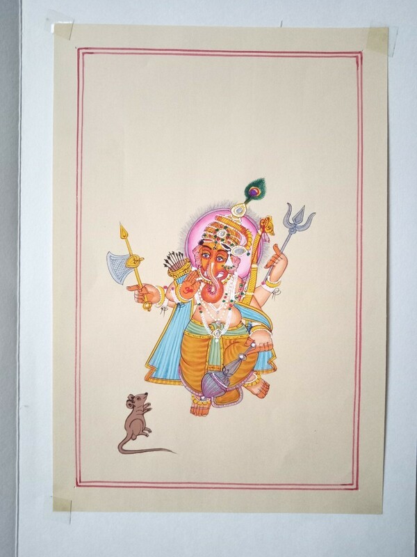 直筆インド細密画１　ガネーシャ像１　紙サイズ約２１cm×１４.５cm　ヒンドゥー神像　インド工芸品ミニチュアール