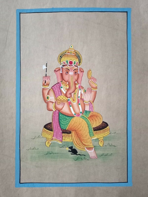 直筆インド細密画２　ガネーシャ像２　サイズ約２９.５cm×２１cm　インドヒンドゥー神像　インド工芸品ミニチュアール