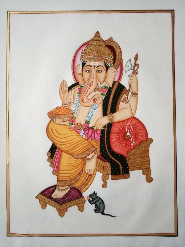 直筆インド細密画４　ガネーシャ像４　サイズ約３３.５cm×２６cm　シルク？布地にインドヒンドゥー神像　インド工芸品ミニチュアール
