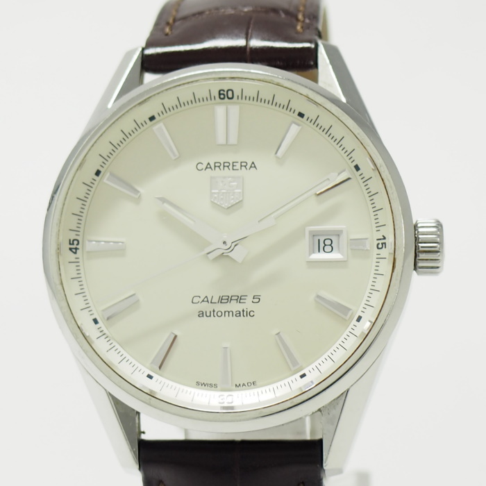 【中古】TAG HEUER カレラ キャリバー5 デイト メンズ 腕時計 自動巻き SS レザー アイボリー文字盤 WAR211B-1