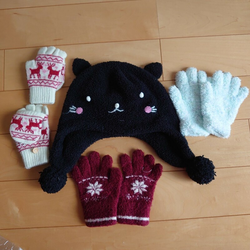 子供 帽子 てぶくろ 手袋 セット 黒猫 猫 小学生 幼児 幼稚園 