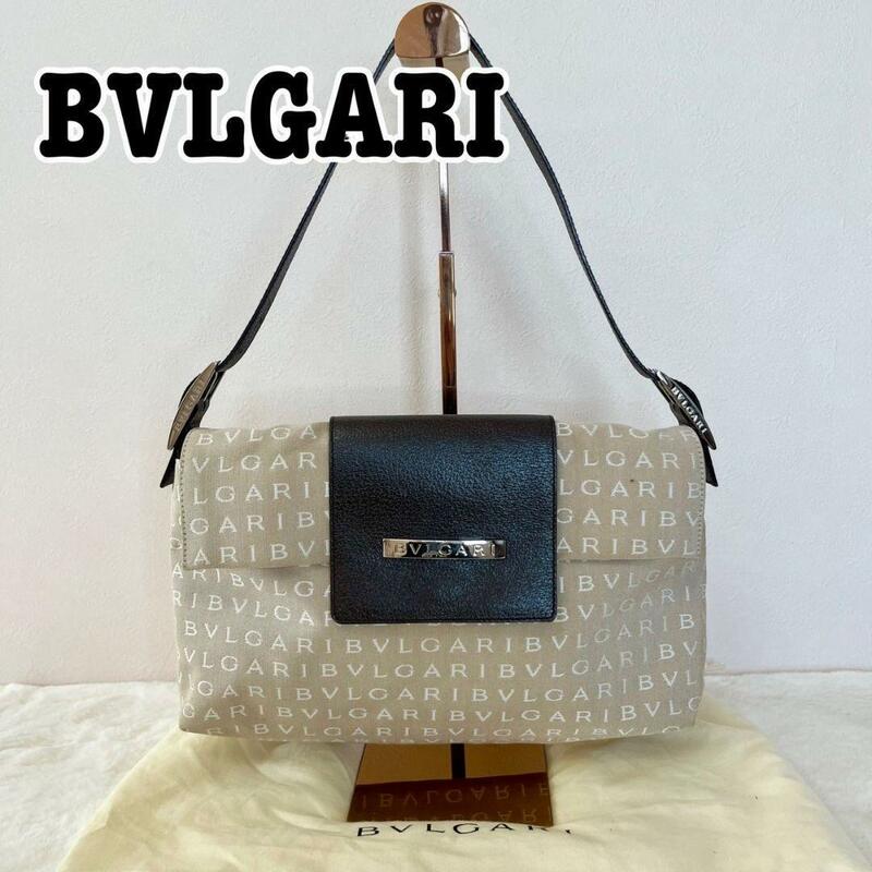 美品 BVLGARI ブルガリ ロゴマニア ワンショルダー バッグ ロゴ刺繍 レザー ベージュ ショルダーバッグ フラップ 肩掛け