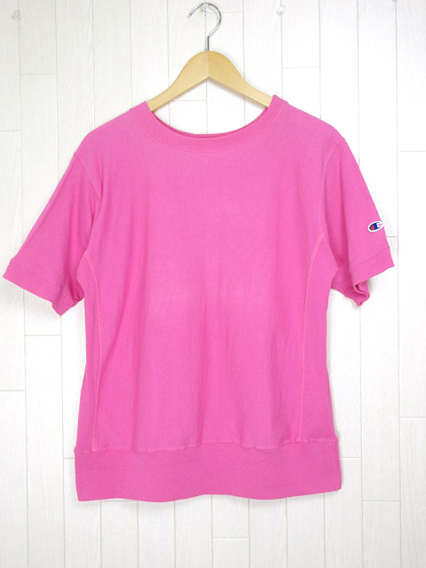チャンピオン Champion リバースウィーブ USA製 スウェットシャツ 半袖 Tシャツ ワッペン ピンク size MEDIUM