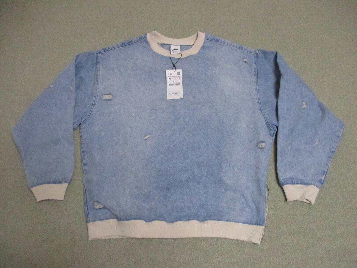 新品未使用 タグ付 廃版 ZARA 切替 ビンテージ加工 長袖クルーネックシャツ デニムジャケット オーバーサイズ スウェット M XL 男女兼用