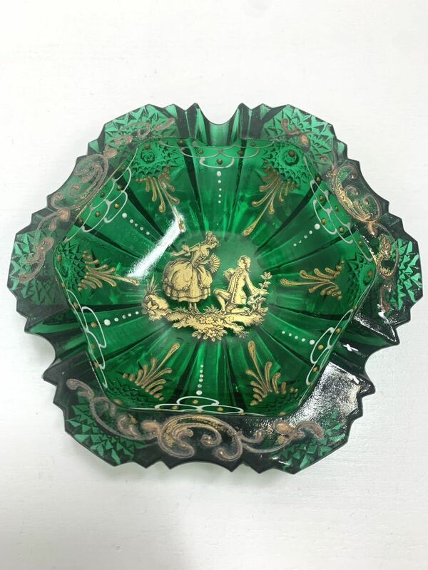 イタリア　アンティークガラス　アッシュトレイ　グリーン　●飾り皿 小物ジュエリー入れ