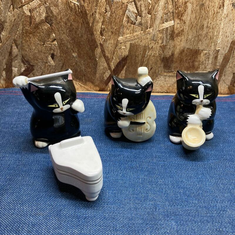 送料無料【Mい1309】セブンコーポレーション 黒猫楽団　猫　置物　飾り　陶器 置物　ネコ