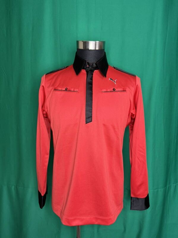 PUMA プーマ　ゴルフウェア ポロシャツ ジップアップ　赤　レッド　黒サテン生地　長袖 中古　美品　Mサイズ　他にも多数出品中！