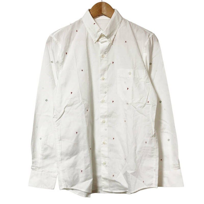 Papas パパス ボタンダウンシャツ 総柄 刺繍 ロゴ S 白 コットン メンズ A17