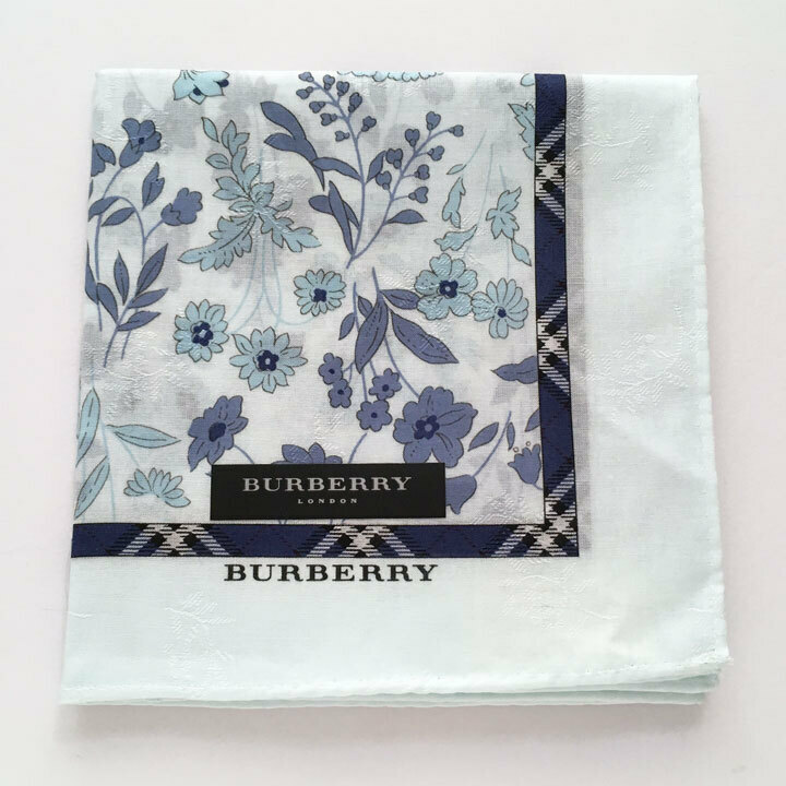 バーバリー / BURBERRY ハンカチ　藍色小花柄　紺色ノバチェック枠　透かし入り水色生地【6060】