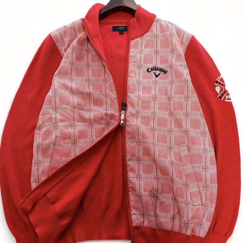 未使用■Callaway キャロウェイ L ゴルフウェア ニットジャケット 赤 レッド チェック ダブルジップ ブルゾン ドライバーズニット 刺繍ロゴ