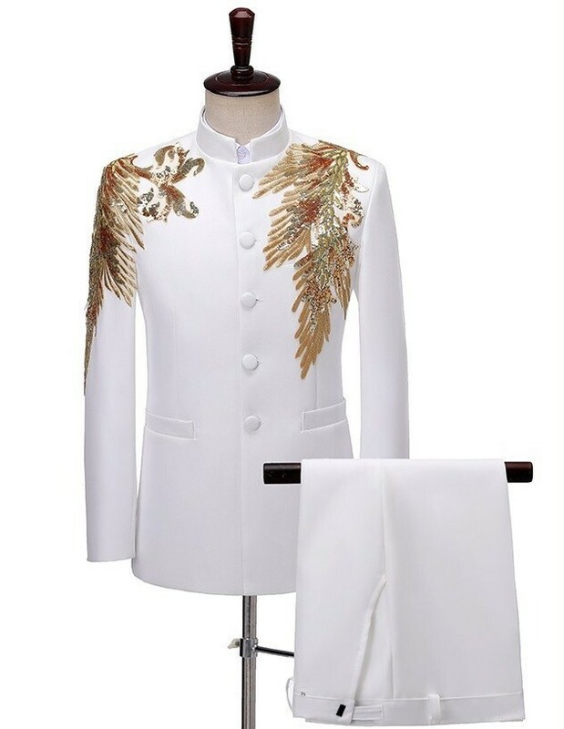 GS04b storelj新品 メンズ スーツ金刺繍 ホワイト 上下セット ブルゾン タキシード王子 宮廷S M L-3XL演歌 歌手衣装舞台コスプレ