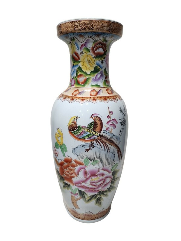中国 中国美術 花瓶 粉彩 粉彩壷 孔雀牡丹 壷 飾り壷 錦壷　古美術　高さ61cm