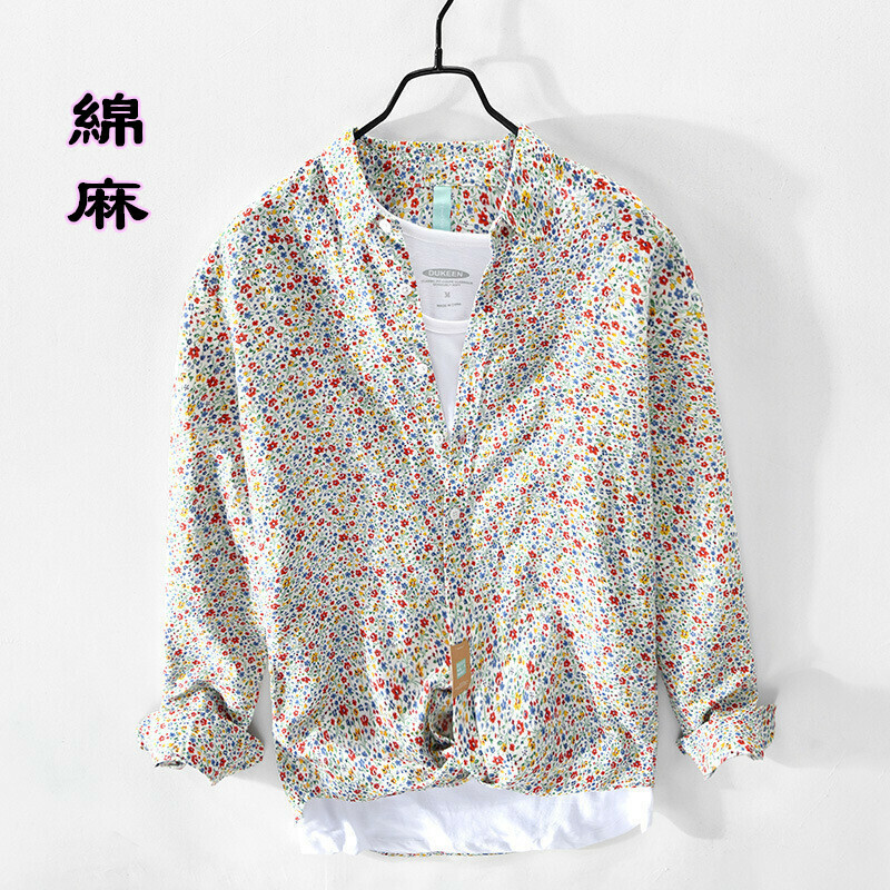 花柄シャツ　リネンシャツ 新品 メンズ 綿麻シャツ 長袖シャツ　春夏 サマーシャツ　カジュアルシャツ　トップス【Z913】白　M