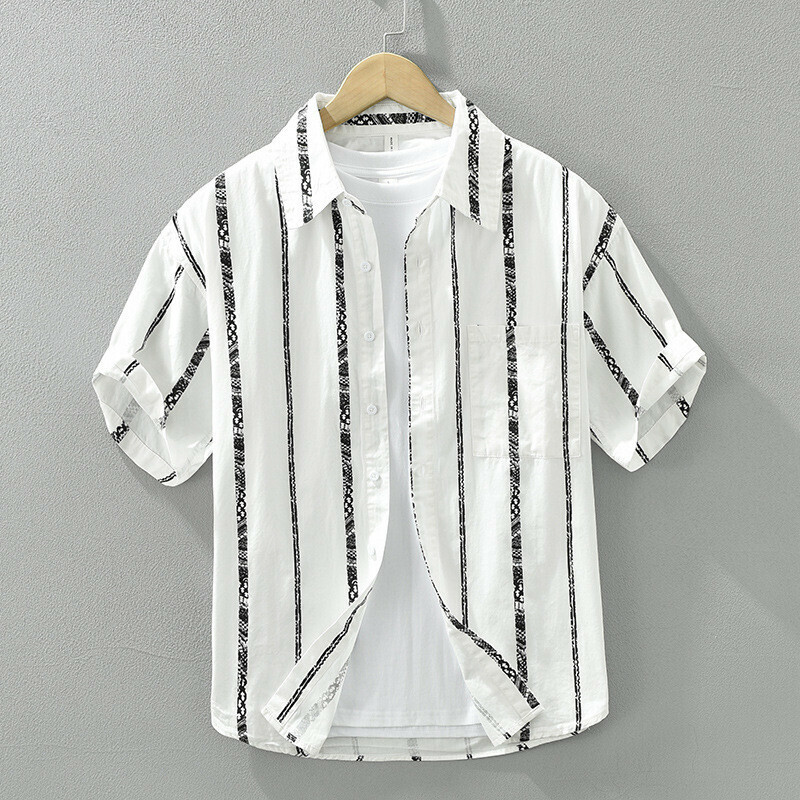半袖シャツ　夏服　カジュアルシャツ　コットンシャツ　サマーシャツ　ストライプ　トップス【M8036】白　L