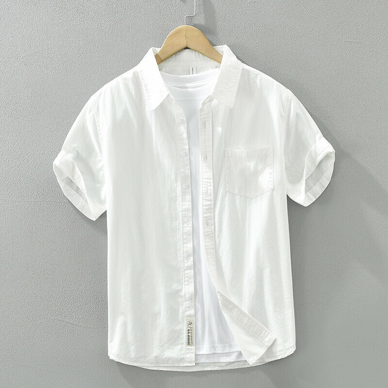 半袖シャツ　夏服　カジュアルシャツ　サマーシャツ　コットンシャツ　トップス【M8018】白　L