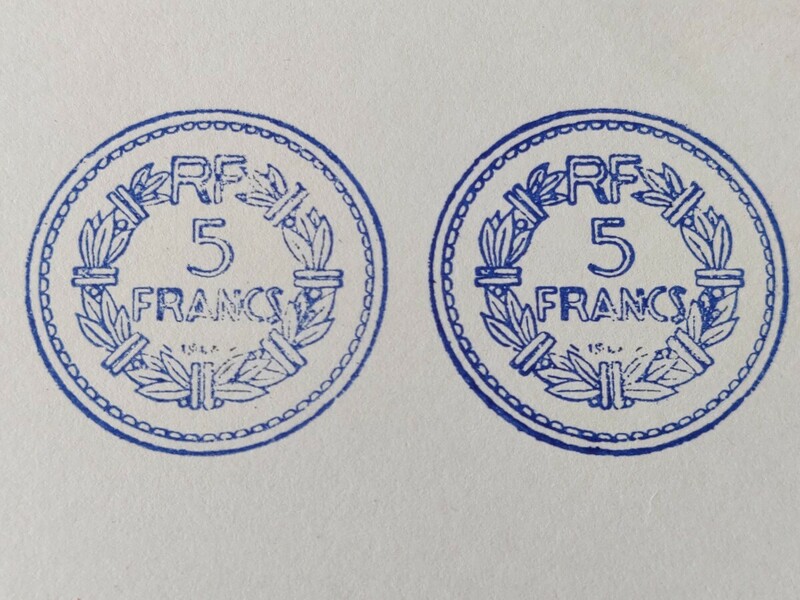 5フランスフラン　コイン　スタンプ　アンティーク　ラッピング　ハンコ　ヴィンテージ　フレンチ　レトロ　お金　硬貨　マネー　イラスト