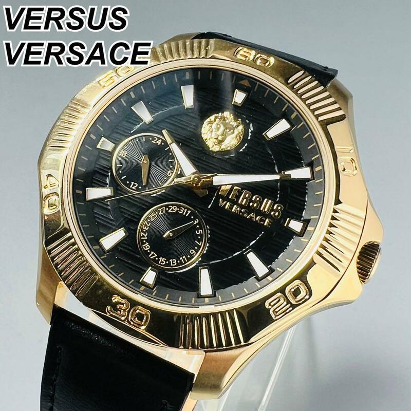 ヴェルサス ヴェルサーチ 腕時計メンズ ゴールド クォーツ 新品 プレゼント デイト 高級ブランド ブラックレザー 専用ケース付属 ライオン