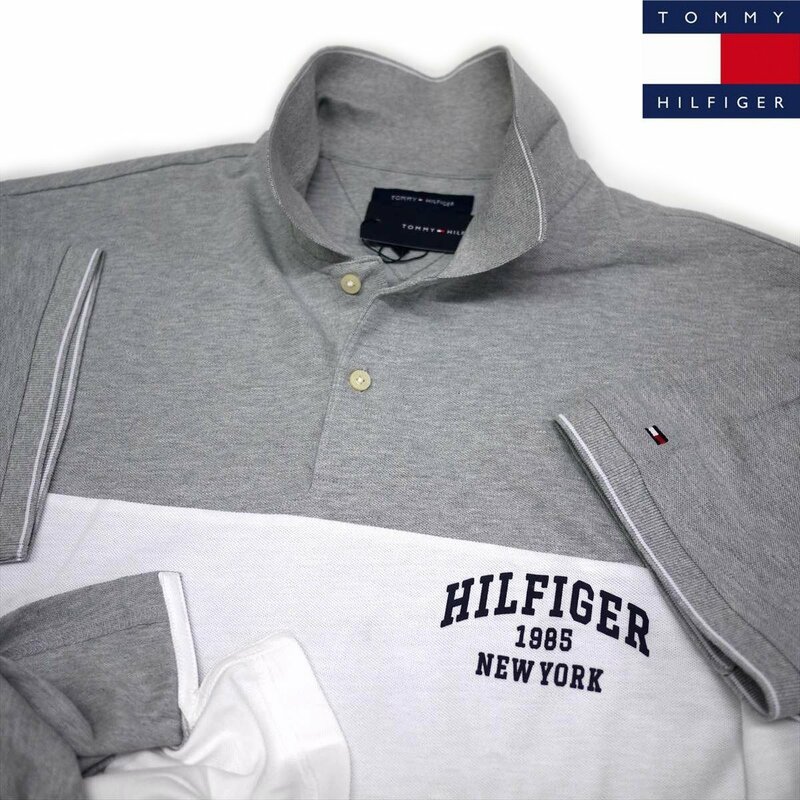 新品 トミーヒルフィガー ビッグロゴ ポロシャツ(XXL) グレーｘホワイト ゴルフにも！TOMMY HILFIGER USAモデル /aa121