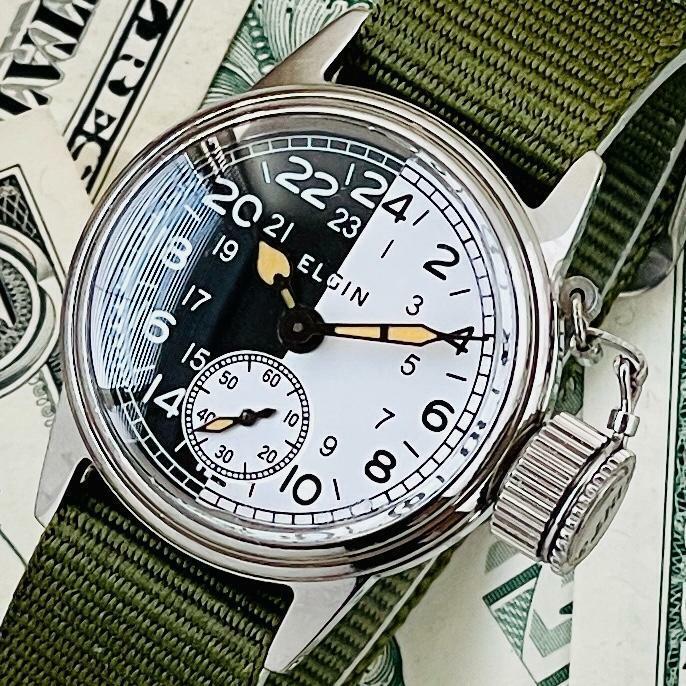 メンズ腕時計オーバーホール済みエルジンElginミリタリー手巻き17石コブラ針NATOベルト新品ケース中古アンティーク軍用ヴィンテージU816