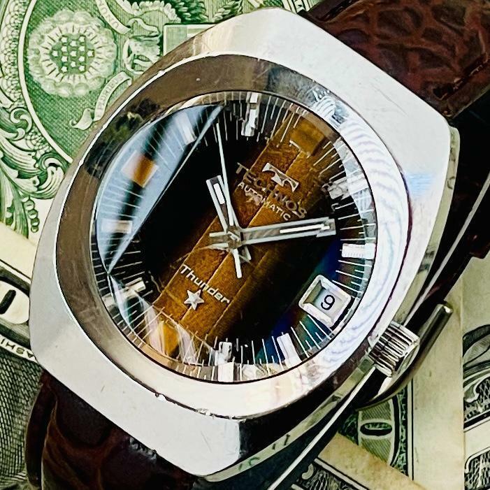 腕時計メンズ動作良好テクノスTECHNOSサンダーThunderカットガラス自動巻きアンティーク中古ヴィンテージ35mmアナログU796