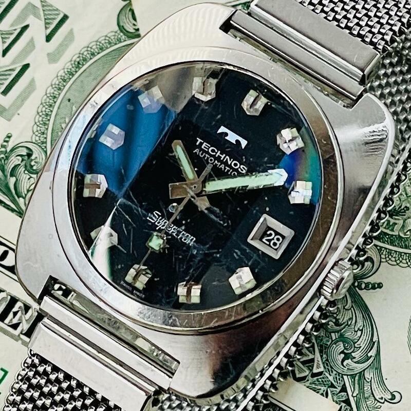 腕時計メンズ動作良好テクノスTECHNOSスーパークロン自動巻きアナログ中古カットガラス高級ブランド銀ヴィンテージ37mmデイトU778