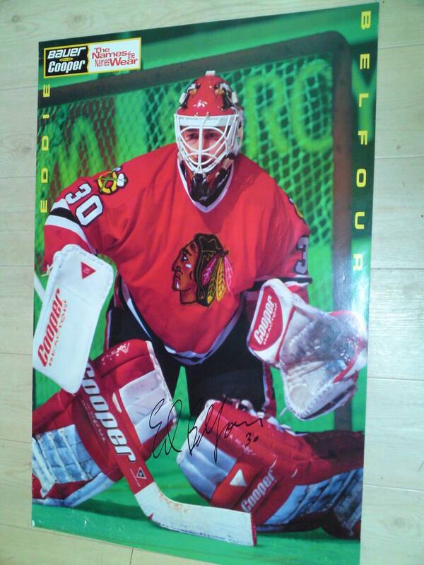 NHL Chicago Blackhawks #30 Ed Belfoue Autographed big poster with 2 