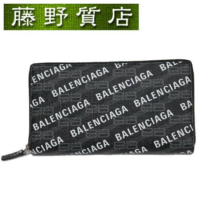 バレンシアガ BALENCIAGA ラウンド ファスナー ウォレット レザー 黒 × 白 × グレー 594317 ロゴ 長財布 8239
