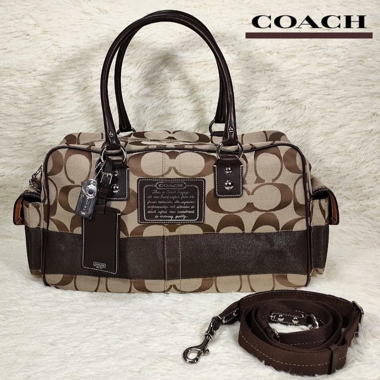 極美品 COACH コーチ ボストンバッグ F77179 ブラウン系 シグネチャー 旅行 鞄 2way 大容量 大きいサイズ ハンド ショルダー レディース