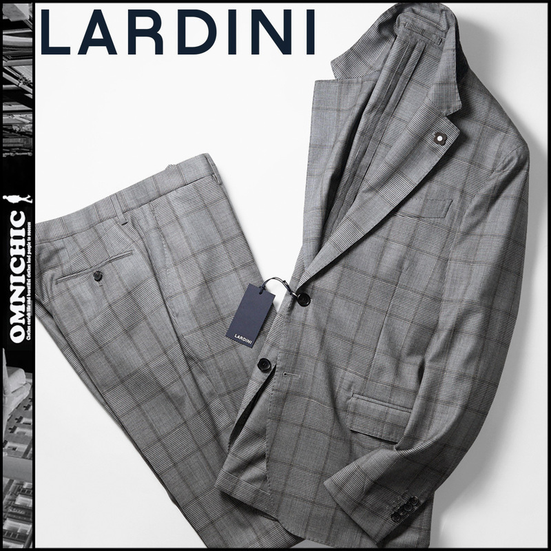 すぐに使える春夏モデル！■新品【LARDINI】ラルディーニグレンチェックウール2Bセットアップスーツ48/Mテーラードジャケットパンツ/グレー