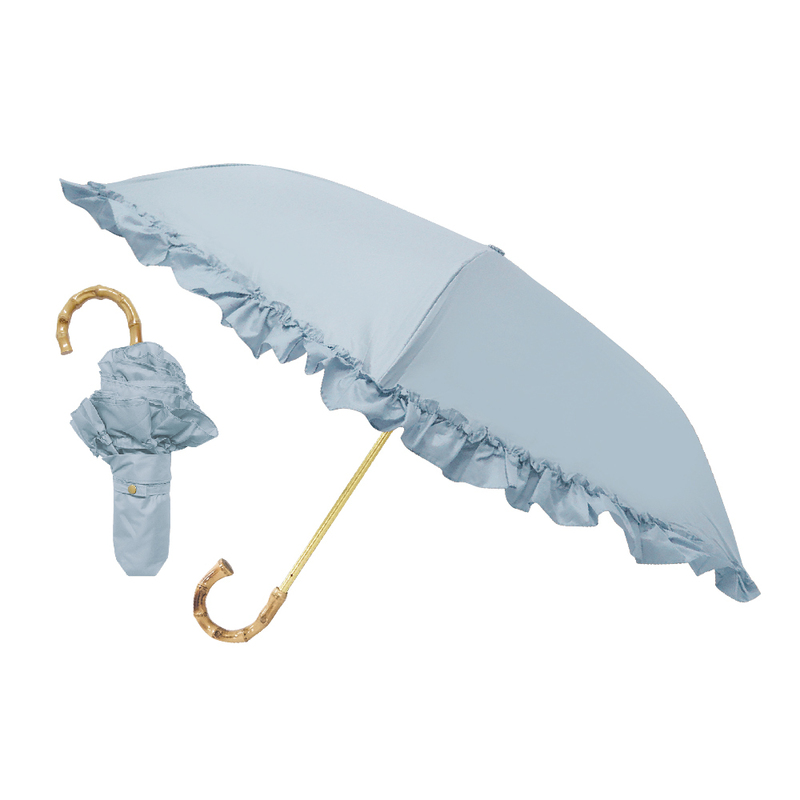 まるいシルエット 完全遮光 薄型 3段 折りたたみ傘 晴雨兼用 フリル スモーキーブルー 親骨50cm 広げたサイズ直径89cm