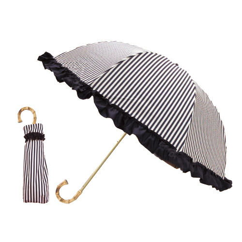 まるいシルエット 完全遮光 薄型 2段 折りたたみ傘 晴雨兼用 フリル ストライプ ネイビー 親骨50cm 広げたサイズ直径77cm