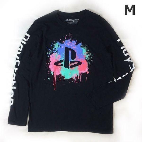 売切り【正規新品】PlayStation オフィシャル ゲーム ファミリーマーク 袖ロゴ 海外限定 長袖 Tシャツ ロンT 男女兼用(M)黒 180720-13