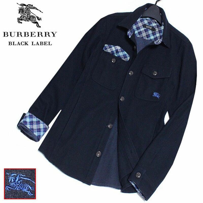 極美品 バーバリーブラックレーベル ホース刺繍 ノバチェック 羊毛 CPOジャケット メルトンウール 長袖シャツ 3/L 白 BURBERRY BLACK LABEL