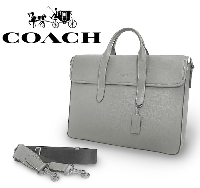 【未使用 超美品】 コーチ COACH 2WAY ビジネスバッグ ブリーフケース 書類鞄 レザー 本革 グレー メンズ 紳士 スリム 薄型 シンプル 軽い
