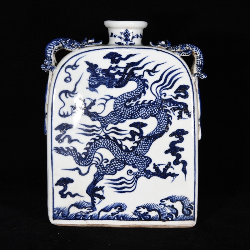 旧蔵 元・古陶瓷品・青花・龍紋盤龍・扁瓶 陶芸 瓷器 古美術品 古美味 L0317