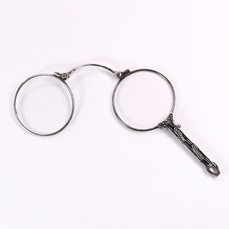 【開】20世紀ドイツアンティーク 935シルバー マーカサイト装飾 ローネットアイグラス折畳眼鏡 25.3g AC484