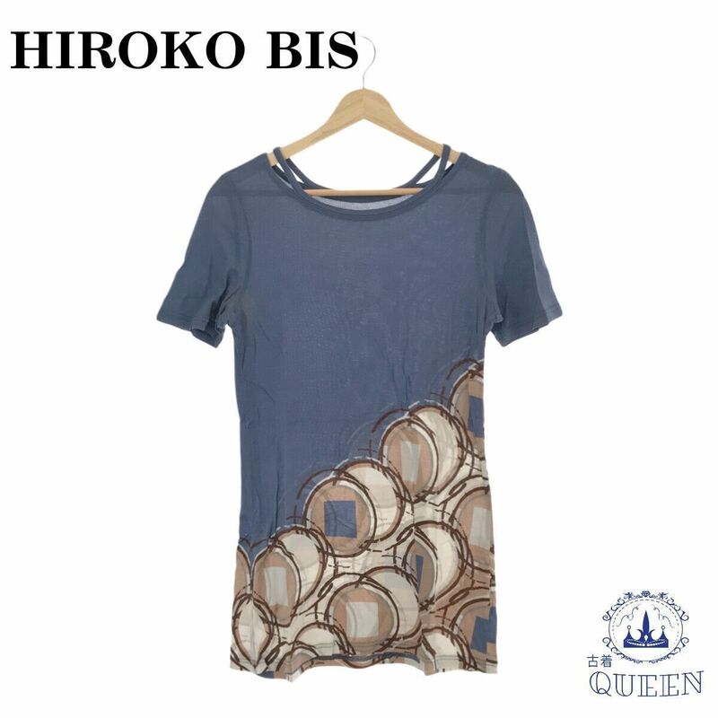 【訳アリ】 HIROKO BIS ヒロコビス トップス Tシャツ 半袖 プリント カジュアル レディース ブルー 11 日本製 901-3596 送料無料 古着