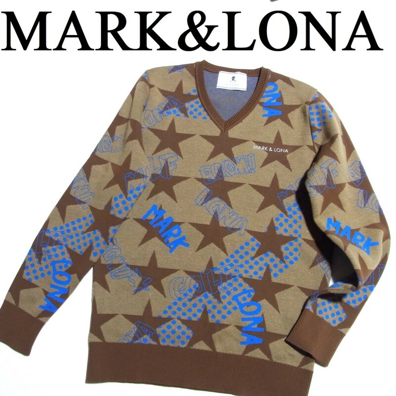 MARK&LONA マーク&ロナ Comic Star V Pullover スター 星柄 Vネック ニット セーター 46 ベージュ x ブラウン
