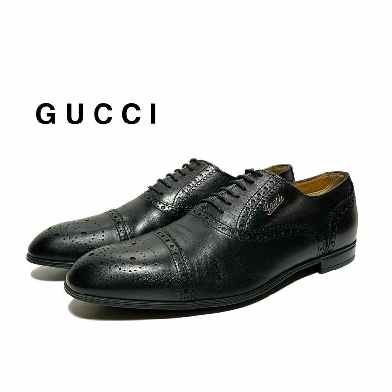 ☆美品 GUCCI グッチ 内羽根 ロゴ ストレートチップ レザー セミブローグ シューズ 黒 イタリア製 革靴 キャップトゥ ドレスシューズ