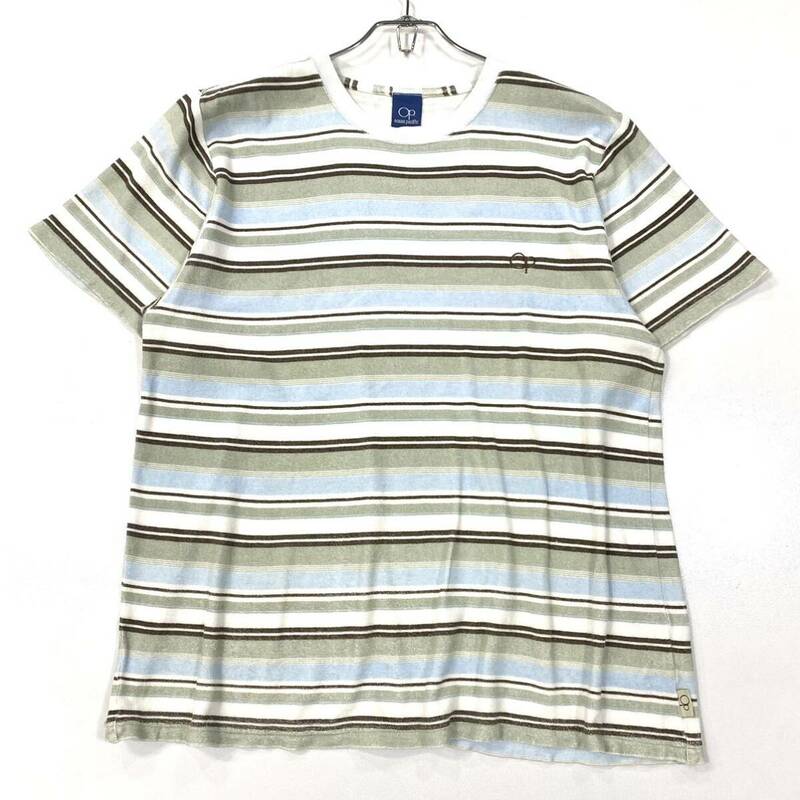 Ocean Pacific(オーシャンパシフィック)半袖Tシャツ パイル生地 刺繍ロゴ ボーダー柄 メンズM相当 ブルー系/ホワイト/他