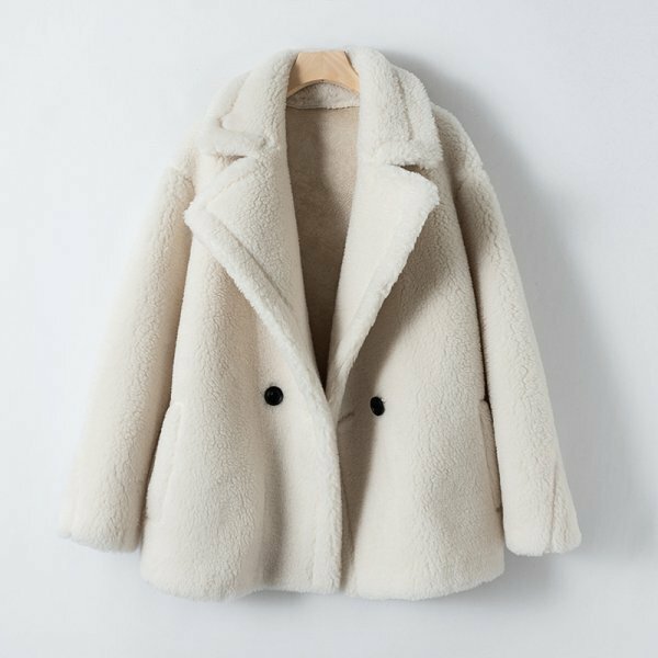 新品暖かいレディース30％ウールコート毛皮ジャケット可愛いオフホワイト