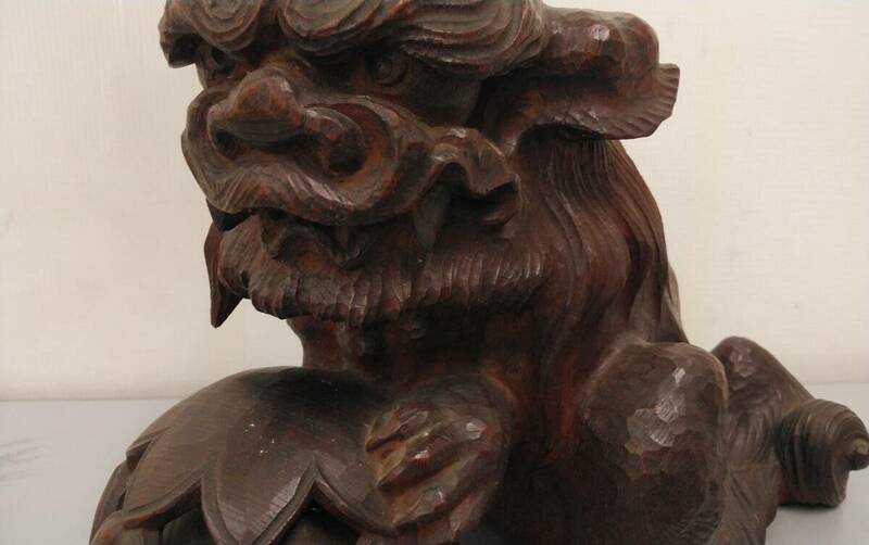 時代 彫刻 木彫 獅子 玉乗り 手毬 大型 高さ24cm-幅36㎝ オールド品