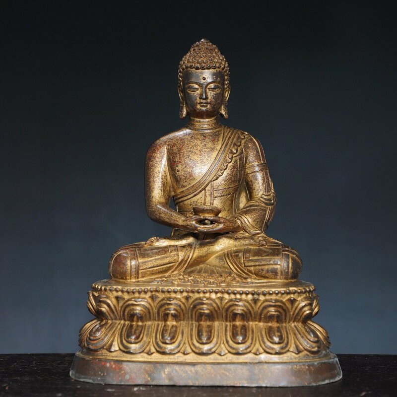 ◆古寳堂◆清 銅製 泥金 釋迦牟尼像 仏教古美術 供養品 極細工 古置物 古擺件 中国古美術 時代物 古董品