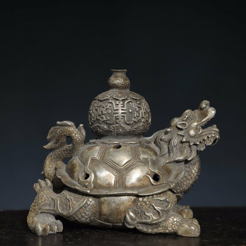 ◆古寳堂◆清 銅製 銀鍍 龍龜熏香炉 置物 賞物 極細工 古置物 古擺件 中国古美術 時代物 古董品