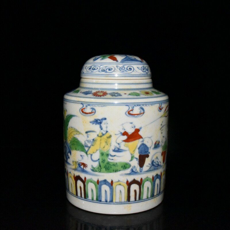 ◆古寳堂◆明 成化年製款 紅胎 斗彩 人物紋 茶葉罐 古陶瓷品 極細工 古置物 古擺件 中国古美術 時代物 古董品